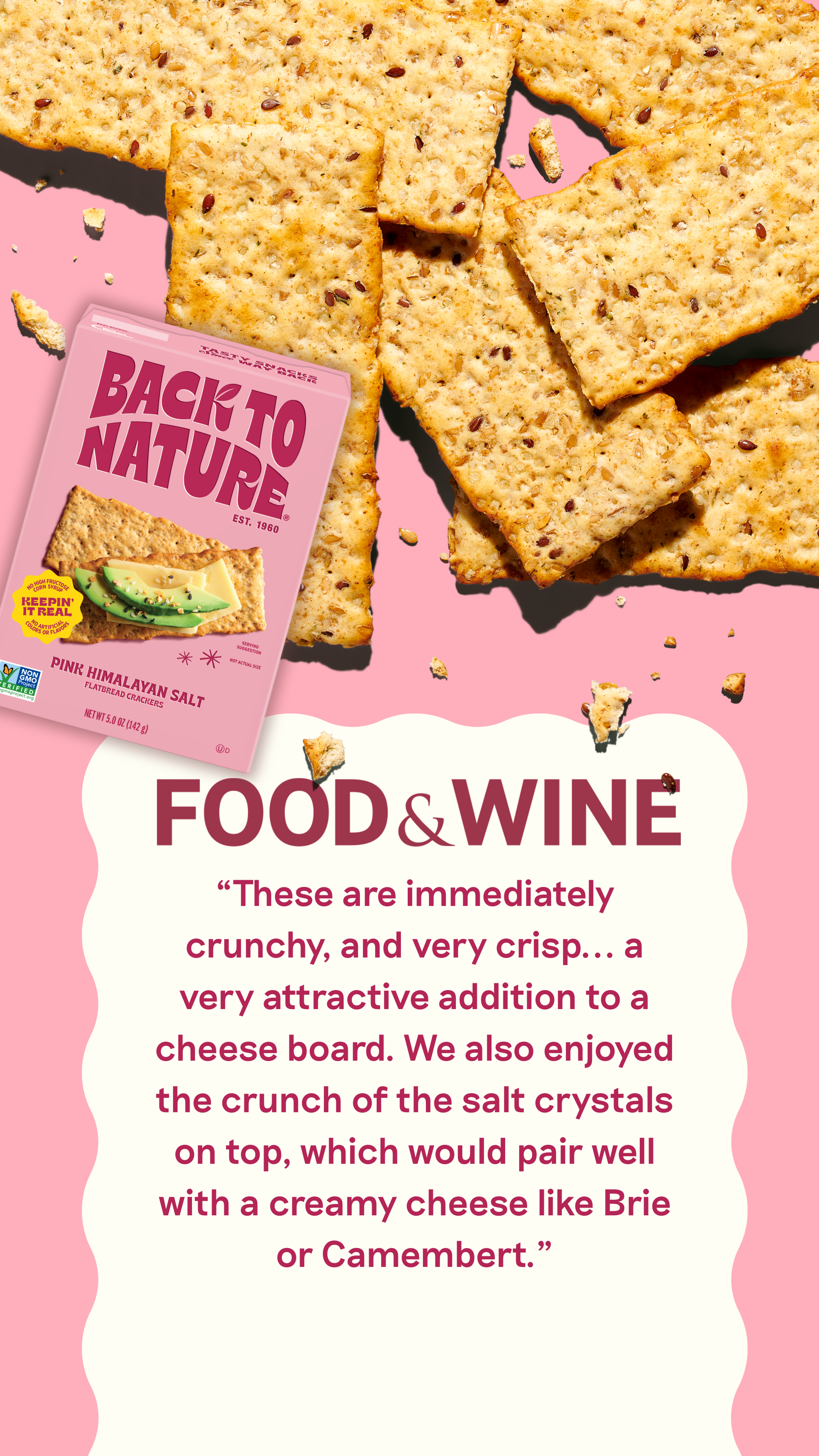Food & Wine's positive review of Back to Nature Pink Himalayan Salt Flatbread Crackers