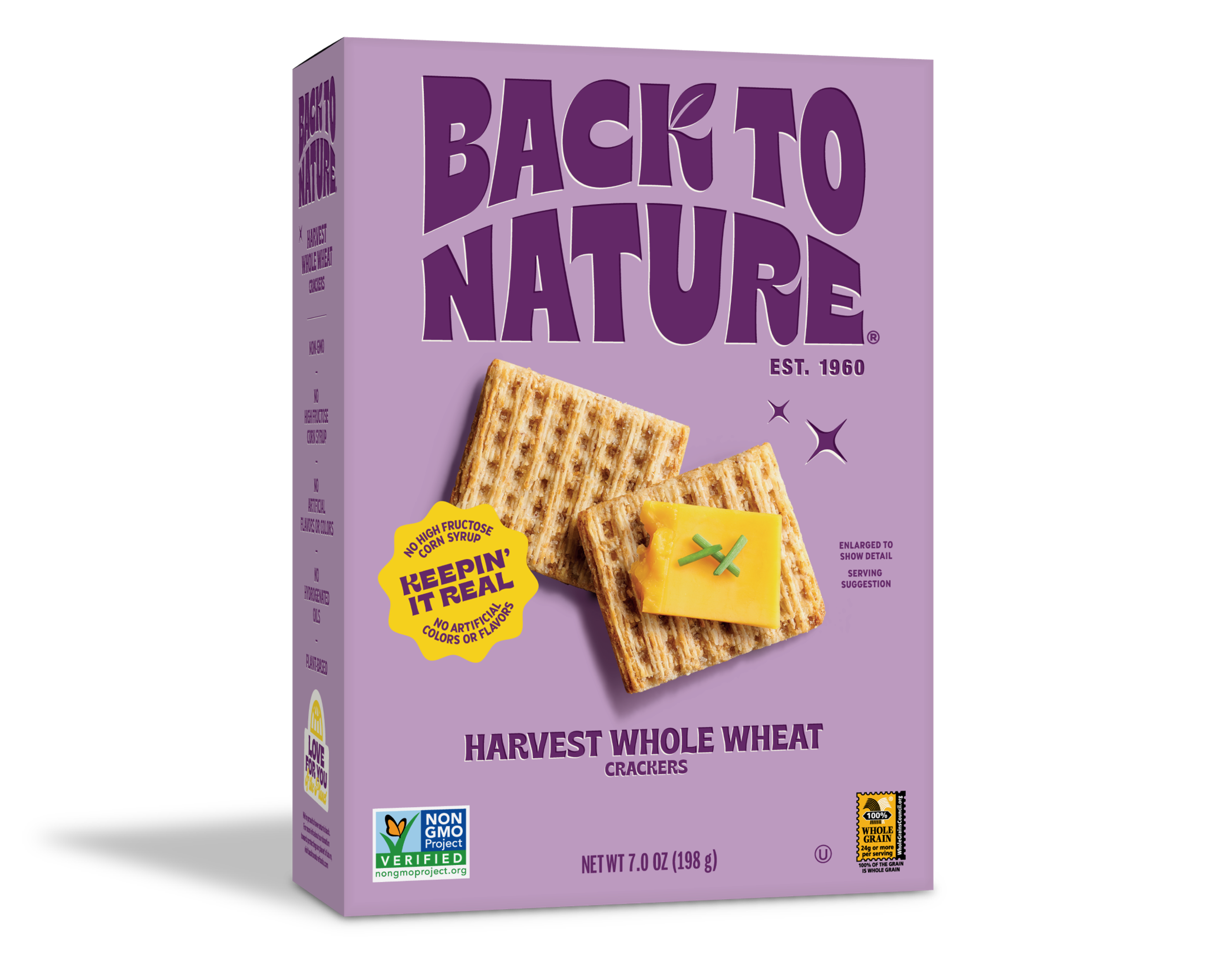 Light purple box of Back to Nature Harvest Whole Wheat Crackers