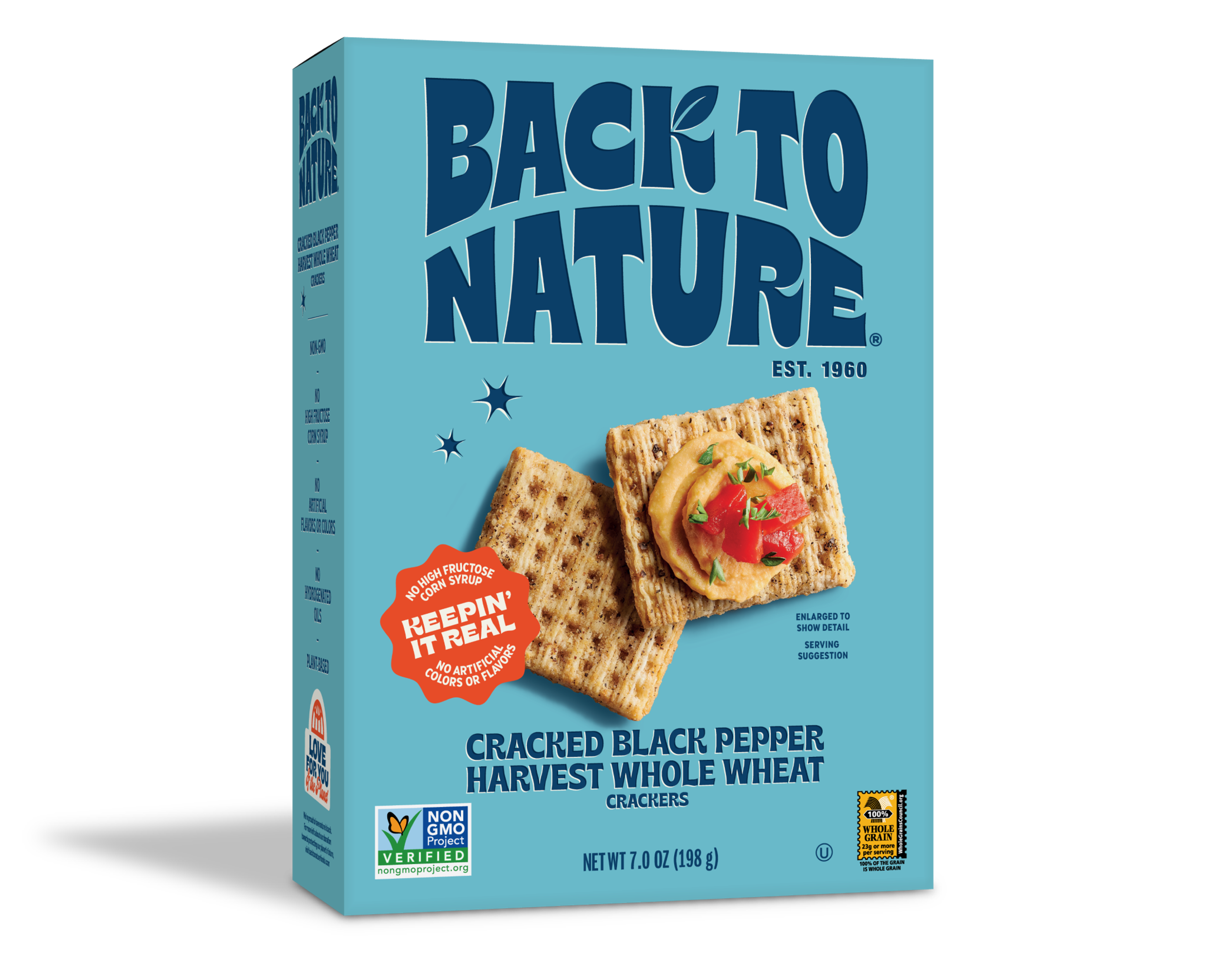 Light blue box of Back to Nature Cracked Black Pepper Harvest Whole Wheat Crackers