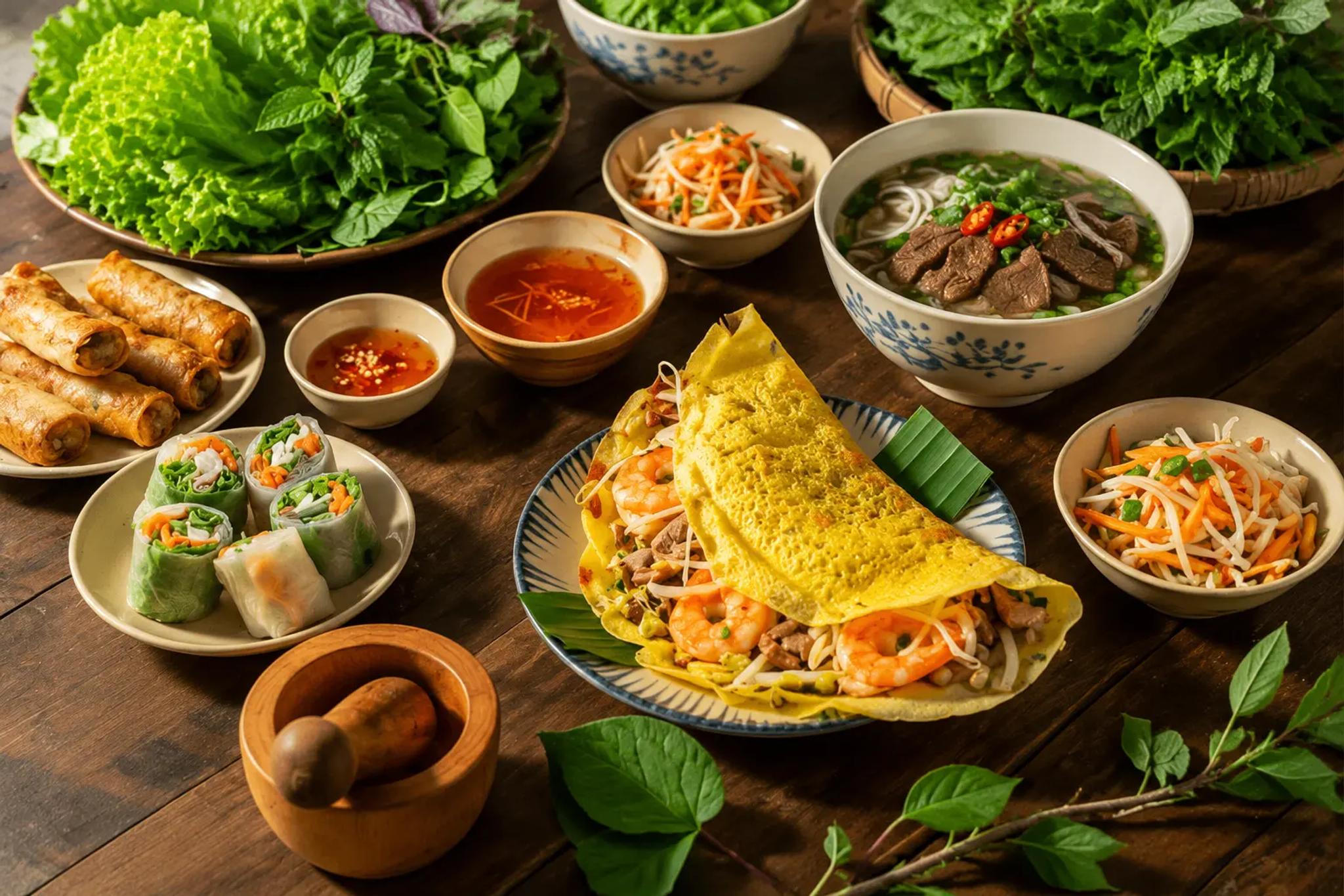 Riverside lunch table with local Hoi An dishes during the full-day tour.