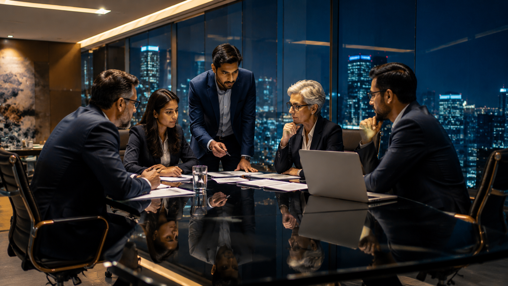 Business leaders collaborating with employees while using artificial intelligence tools to support decision-making and organizational management.