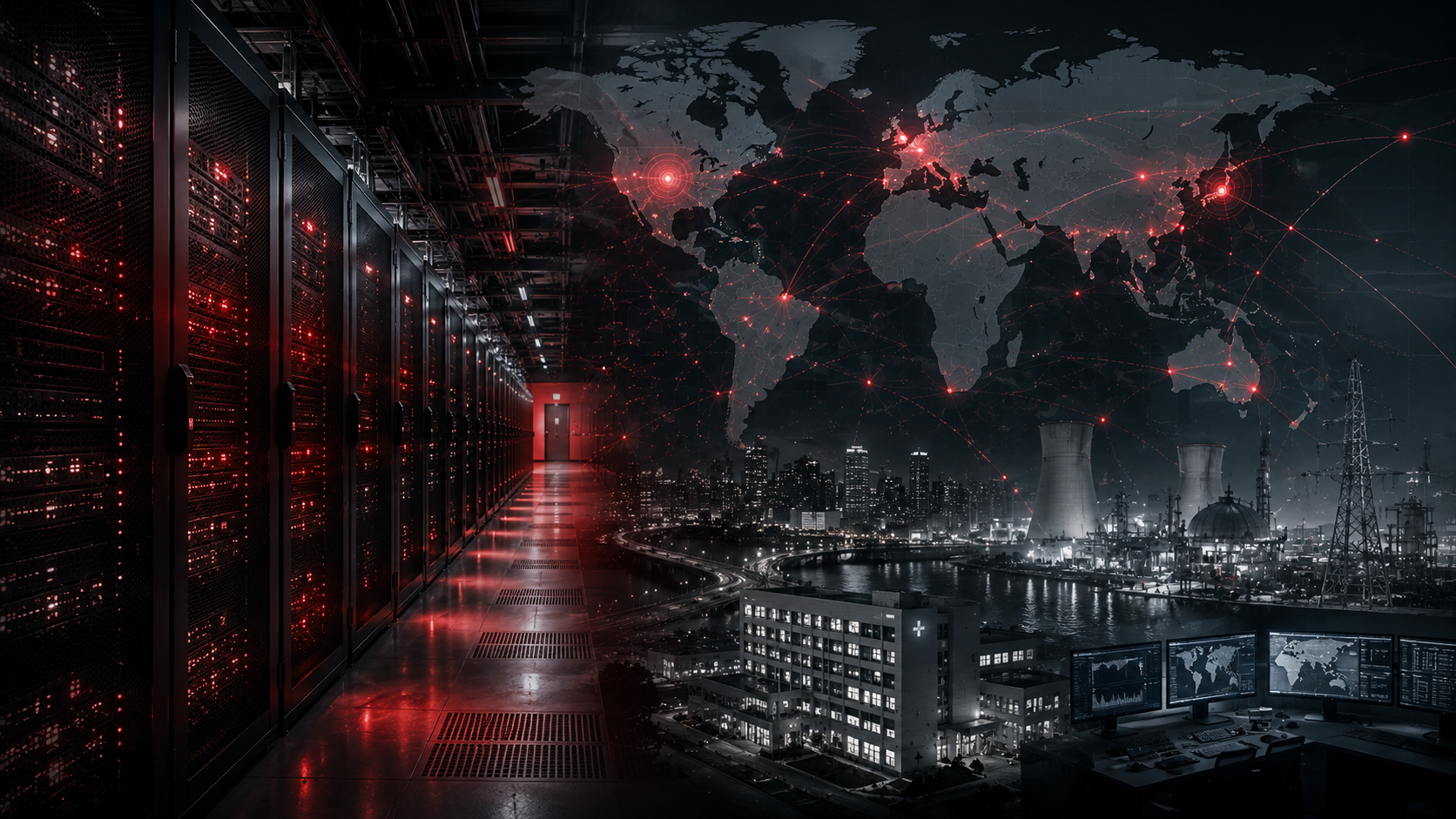 A modern data center with interconnected digital networks under threat from invisible cyber attacks, symbolizing growing cybersecurity risks facing governments, businesses, and critical infrastructure worldwide.