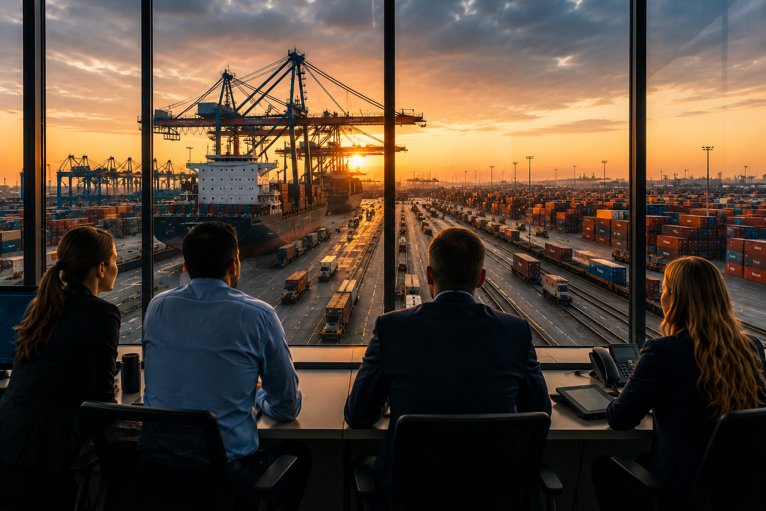 Cargo ships, shipping containers, rail networks, and manufacturing facilities connected across global trade routes amid geopolitical uncertainty