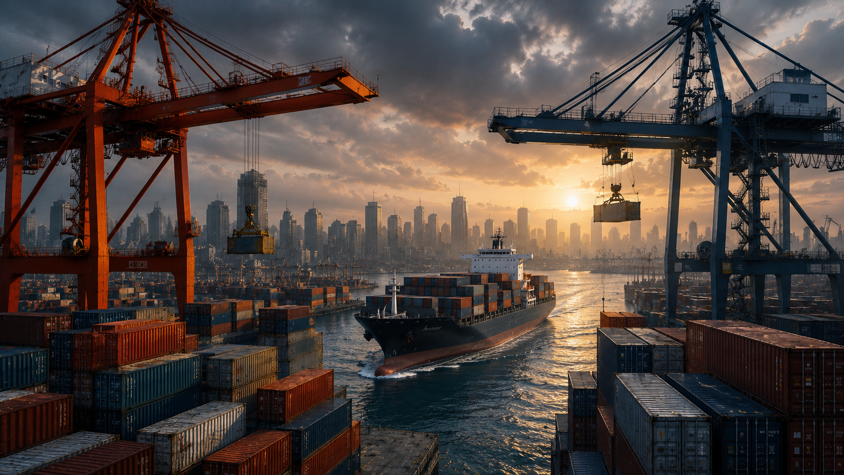Massive cargo ships and shipping containers at a busy international port, symbolizing rising trade tensions, tariffs, and the reshaping of global commerce.