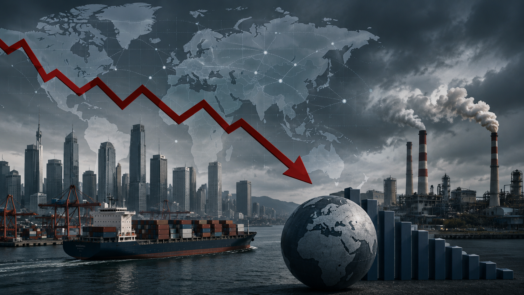 A world map with declining economic charts, financial market data, and business districts under dark clouds, representing slowing global economic growth.