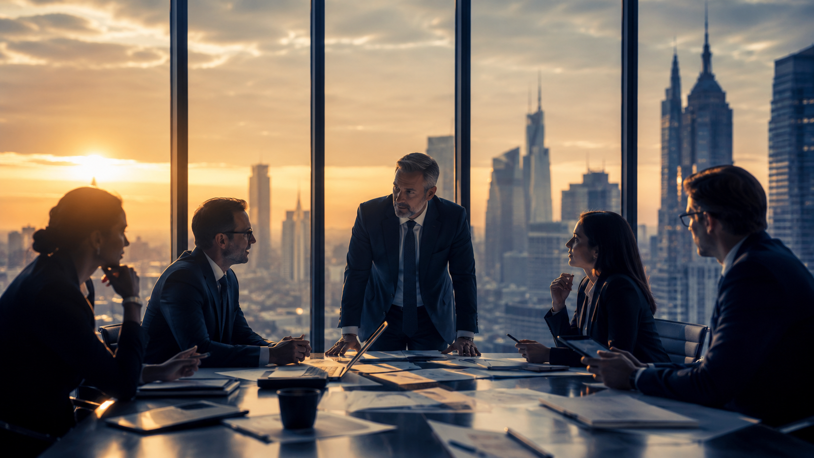 Business leaders collaborating in a modern boardroom while reviewing growth strategies, innovation initiatives, and operational transformation plans.