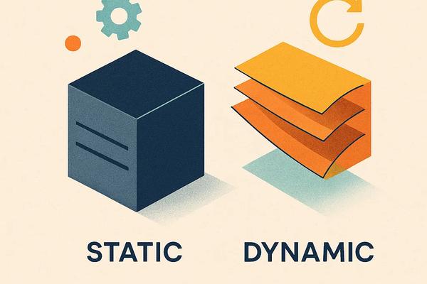 Left: a midnight-navy cube with subtle grain and soft 45°-top-left shadow embodies “Static.” Right: three overlapping primary-orange sheets tilt upward, casting a teal-tinted drop-shadow, symbolising “Dynamic.”