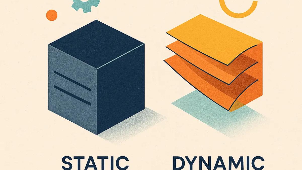 Left: a midnight-navy cube with subtle grain and soft 45°-top-left shadow embodies “Static.” Right: three overlapping primary-orange sheets tilt upward, casting a teal-tinted drop-shadow, symbolising “Dynamic.”