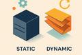 Left: a midnight-navy cube with subtle grain and soft 45°-top-left shadow embodies “Static.” Right: three overlapping primary-orange sheets tilt upward, casting a teal-tinted drop-shadow, symbolising “Dynamic.”