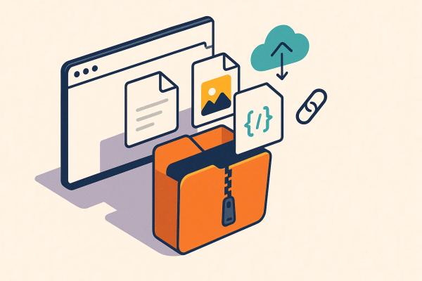 Illustration of a ZIP folder extracting files into a web interface with cloud and link icons