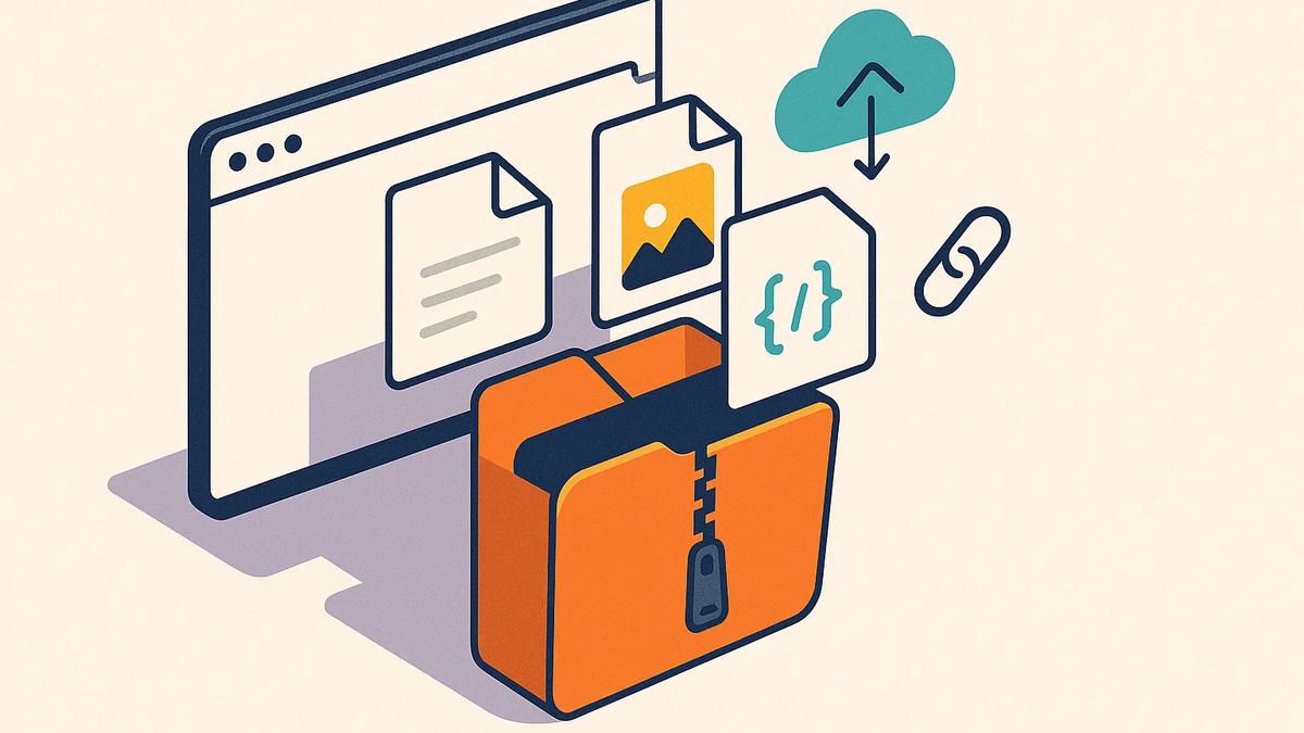 Illustration of a ZIP folder extracting files into a web interface with cloud and link icons Illustration of a ZIP folder extracting files into a web interface with cloud and link icons