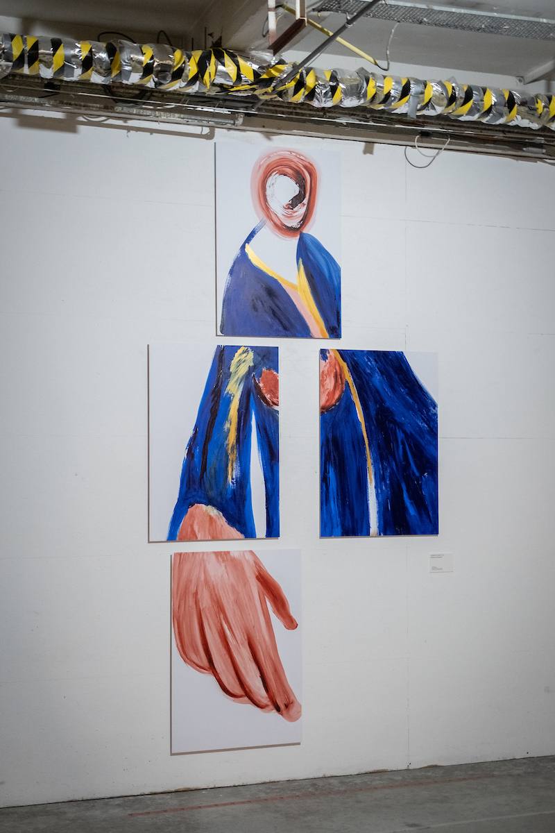 a painting of a woman with a giant hand