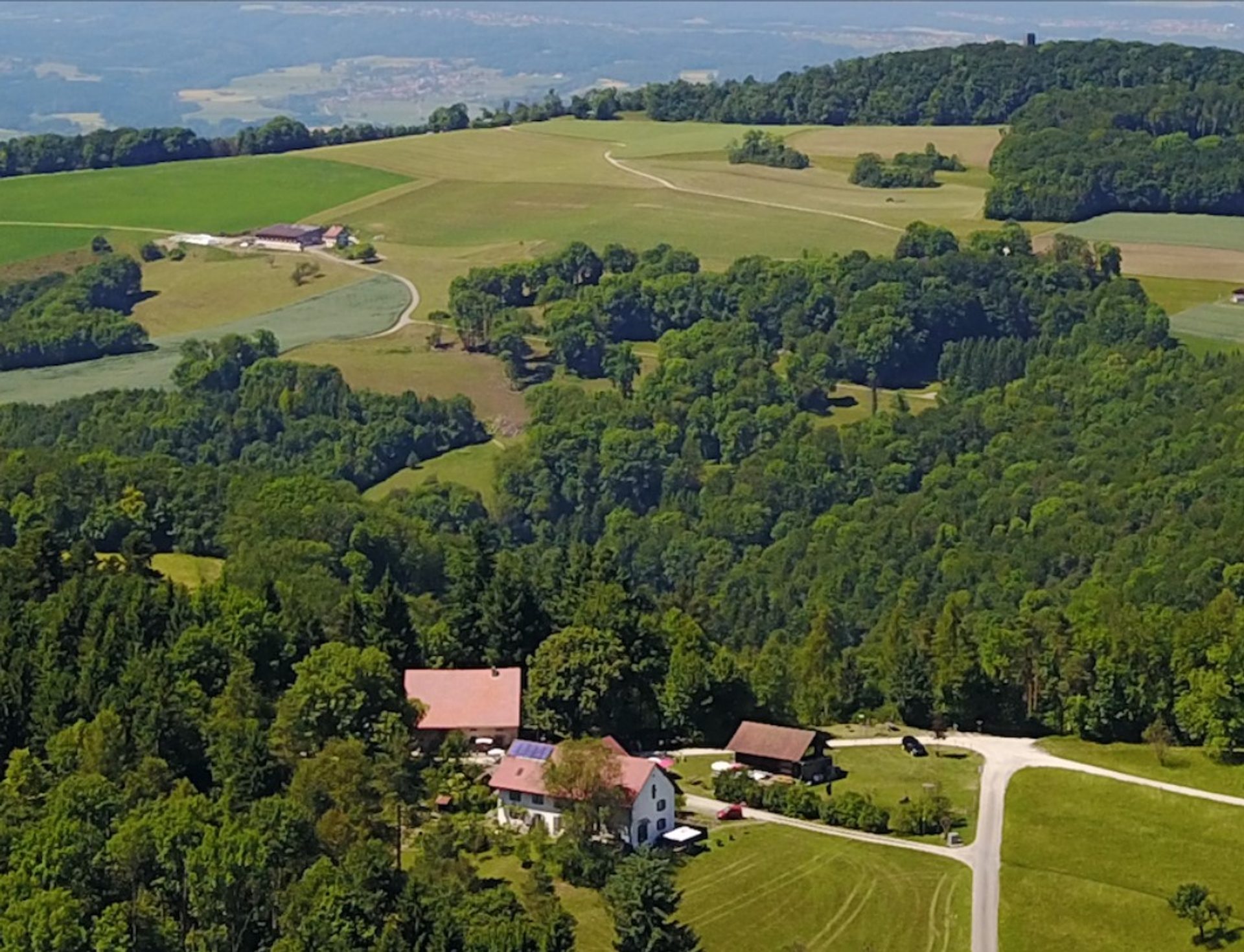 Die Sennhütte inmitten von Wald und Wiesen aus der Luft