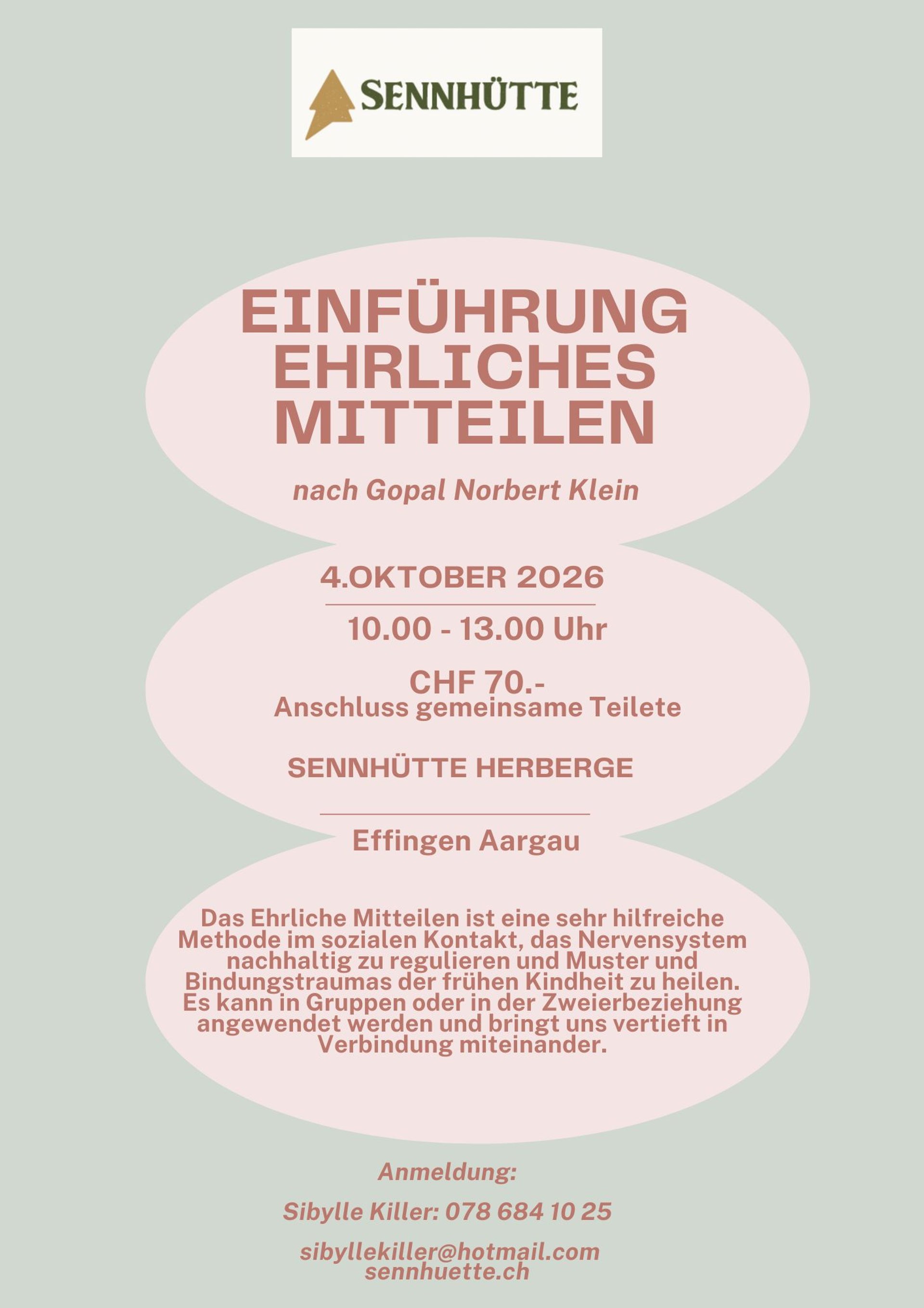 Flyer: Einführung Ehrliches Mitteilen nach Gopal Norbert Klein, 4. Oktober 2026, 10.00 bis 13.00 Uhr, CHF 70.-, Sennhütte Herberge in Effingen AG