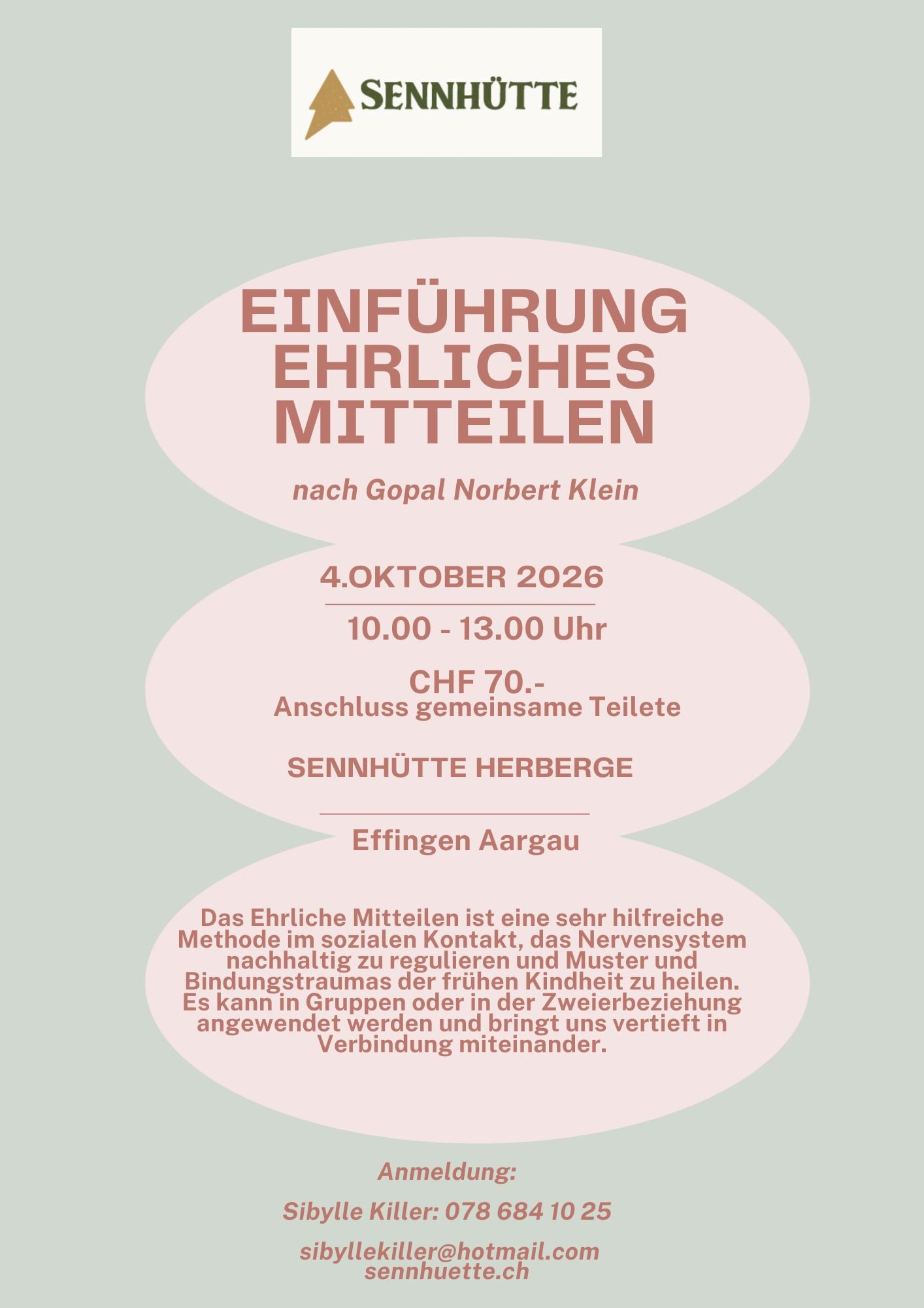 Flyer: Einführung Ehrliches Mitteilen nach Gopal Norbert Klein, 4. Oktober 2026, 10.00 bis 13.00 Uhr, CHF 70.-, Sennhütte Herberge in Effingen AG