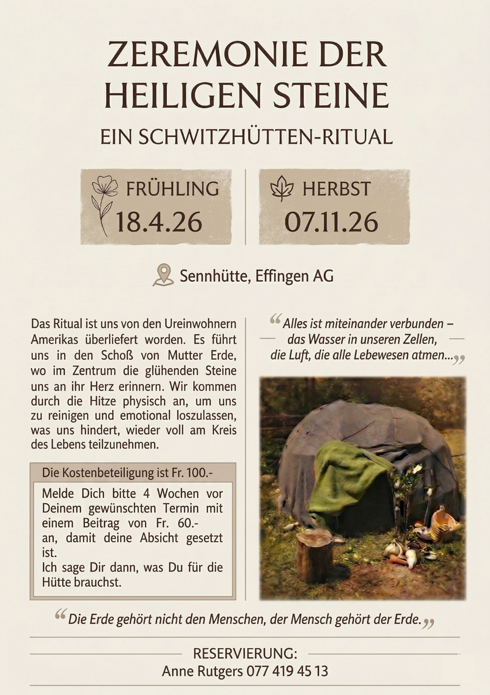 Schwitzhütten-Ritual, Frühling 18.4.26 und Herbst 07.11.26