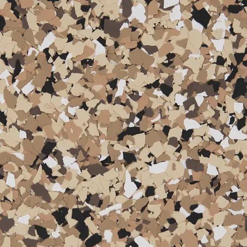 A color sample with black, white, tan, and dark tan speckles