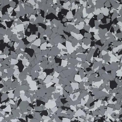 A color sample with bluish white, gray, and black speckles