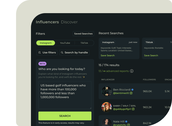 Image of search parameters for finding influencers and affiliates