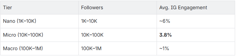 table showing micro influencer follower and engagement rates