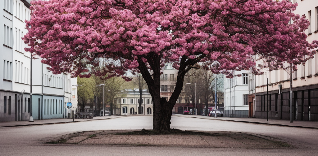 Kuva kaupungin keskellä kukkivasta kirsikkapuusta