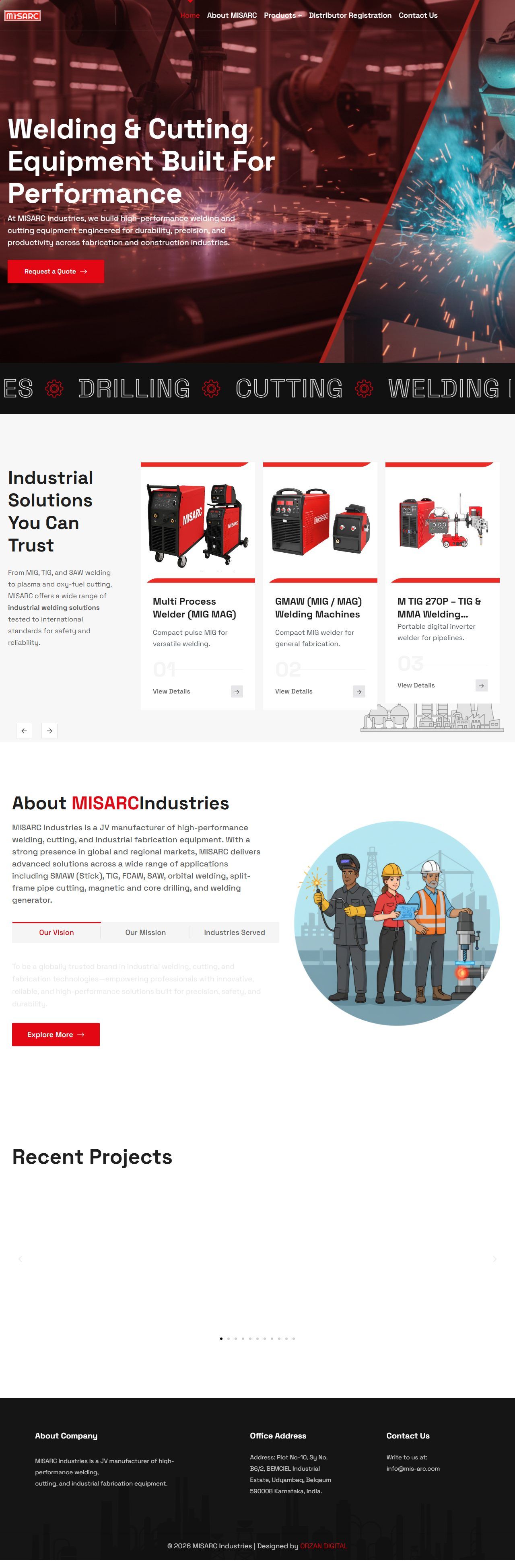 MIS-ARC Industries – Industrial Welding & Metal Cutting Solutions Website – Home (desktop)