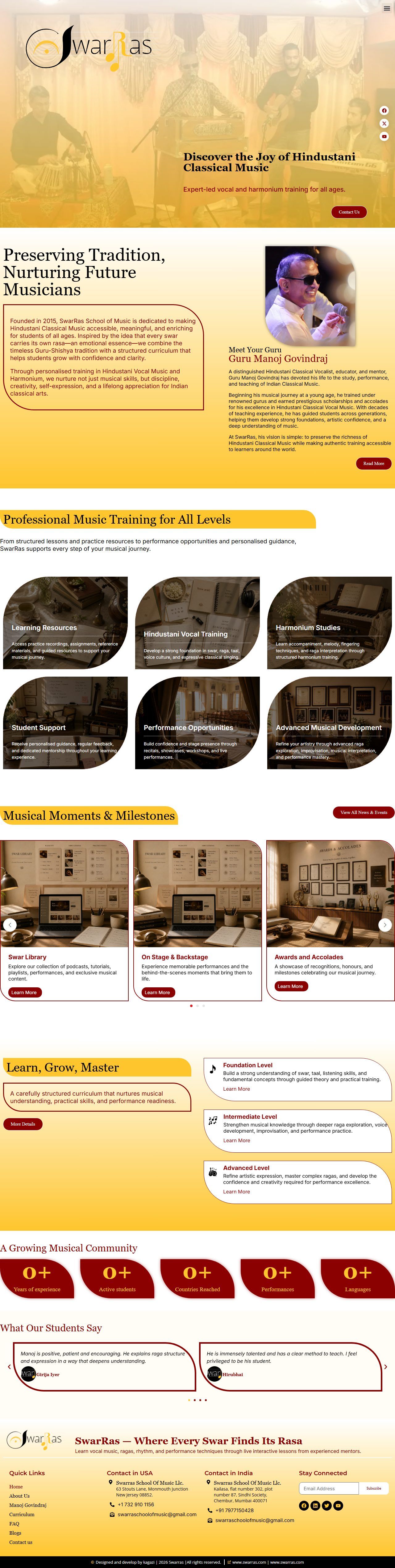 Swar-Ras School of Music – Music Academy Website – Home (desktop)