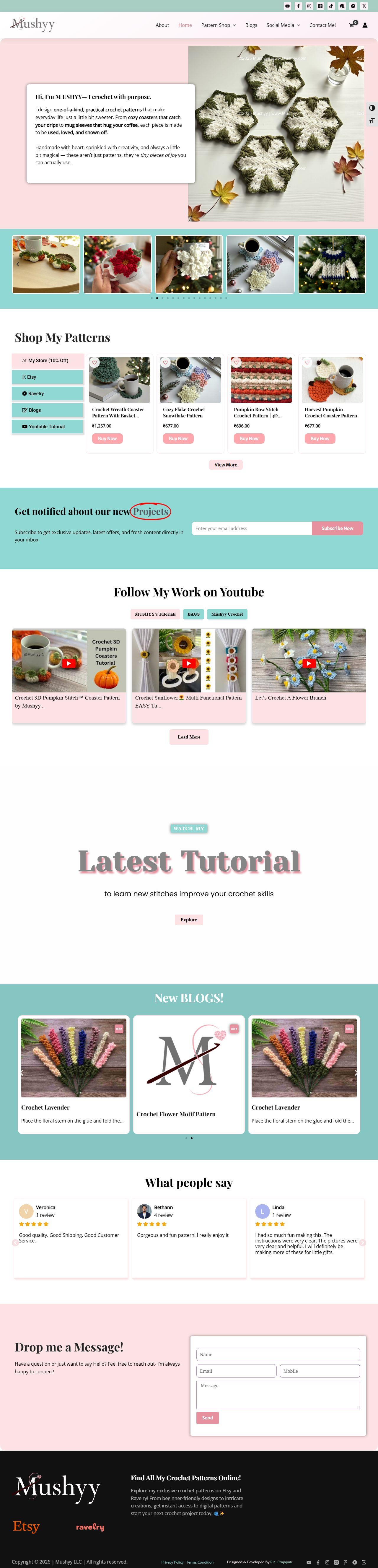 Mushyy – Crochet Pattern Shop & Brand Website – Home (desktop)