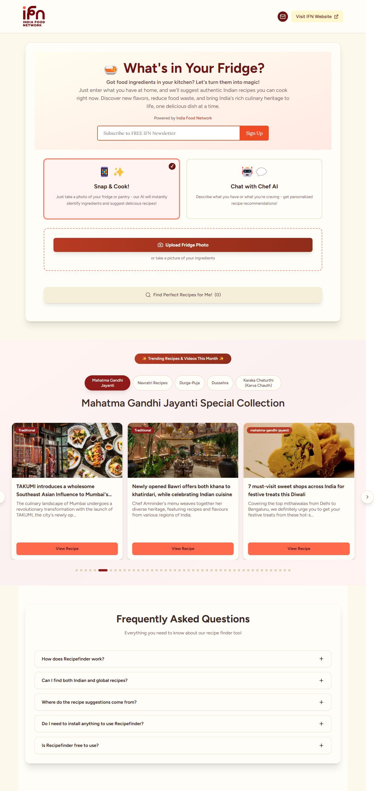 Recipe Finder – India Food Network Web App – Home (desktop)