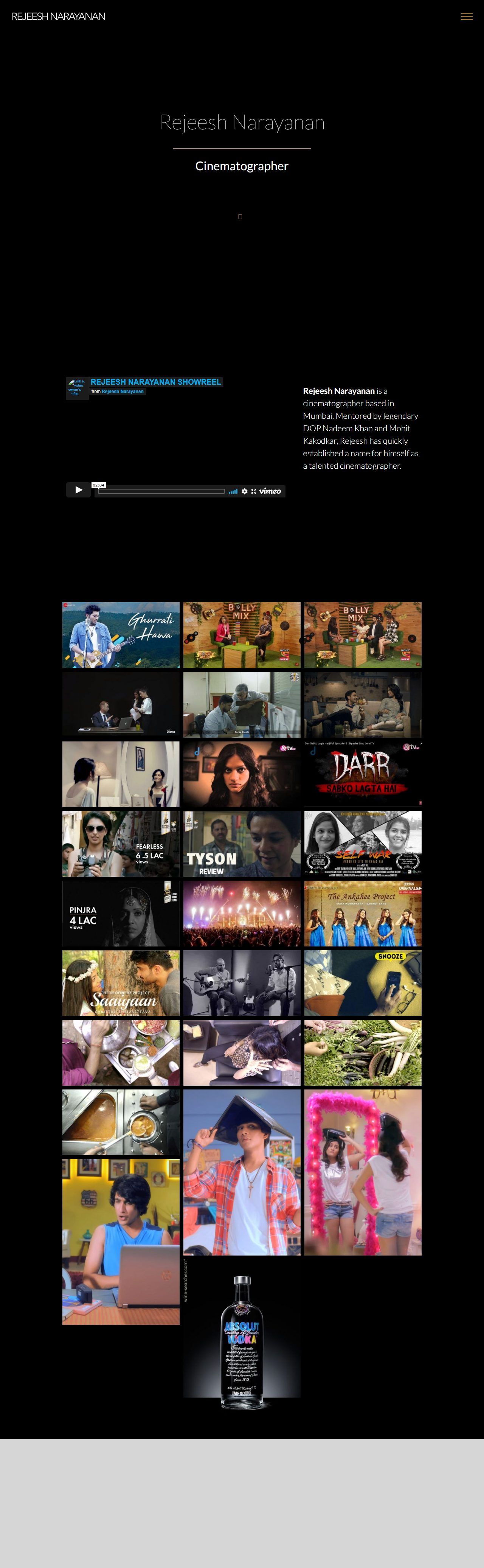 Rejeesh Narayanan – Cinematographer Portfolio Website – Home (desktop)