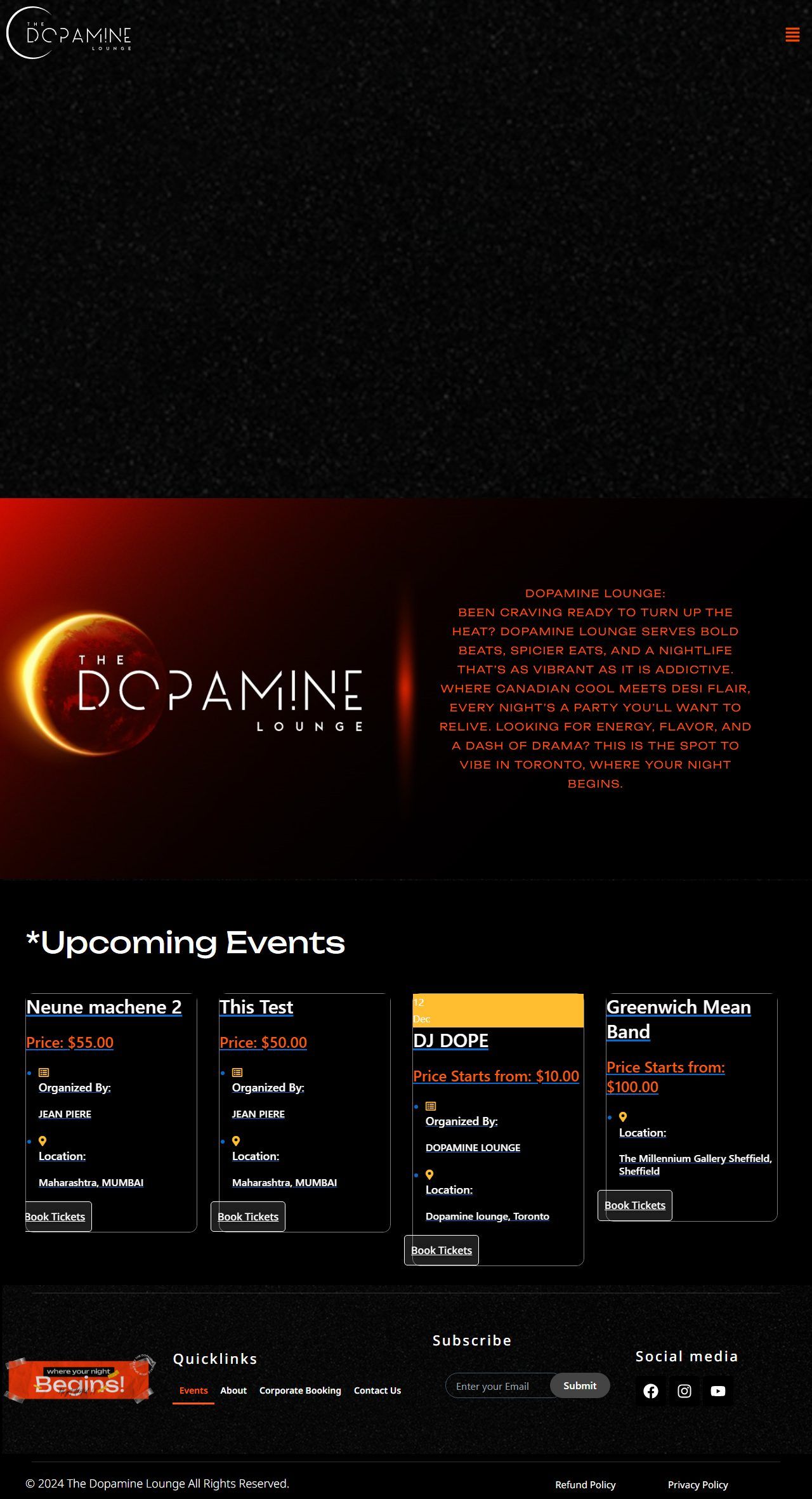 The Dopamine Lounge – Nightlife, Events & Ticket Booking Website – Home (desktop)