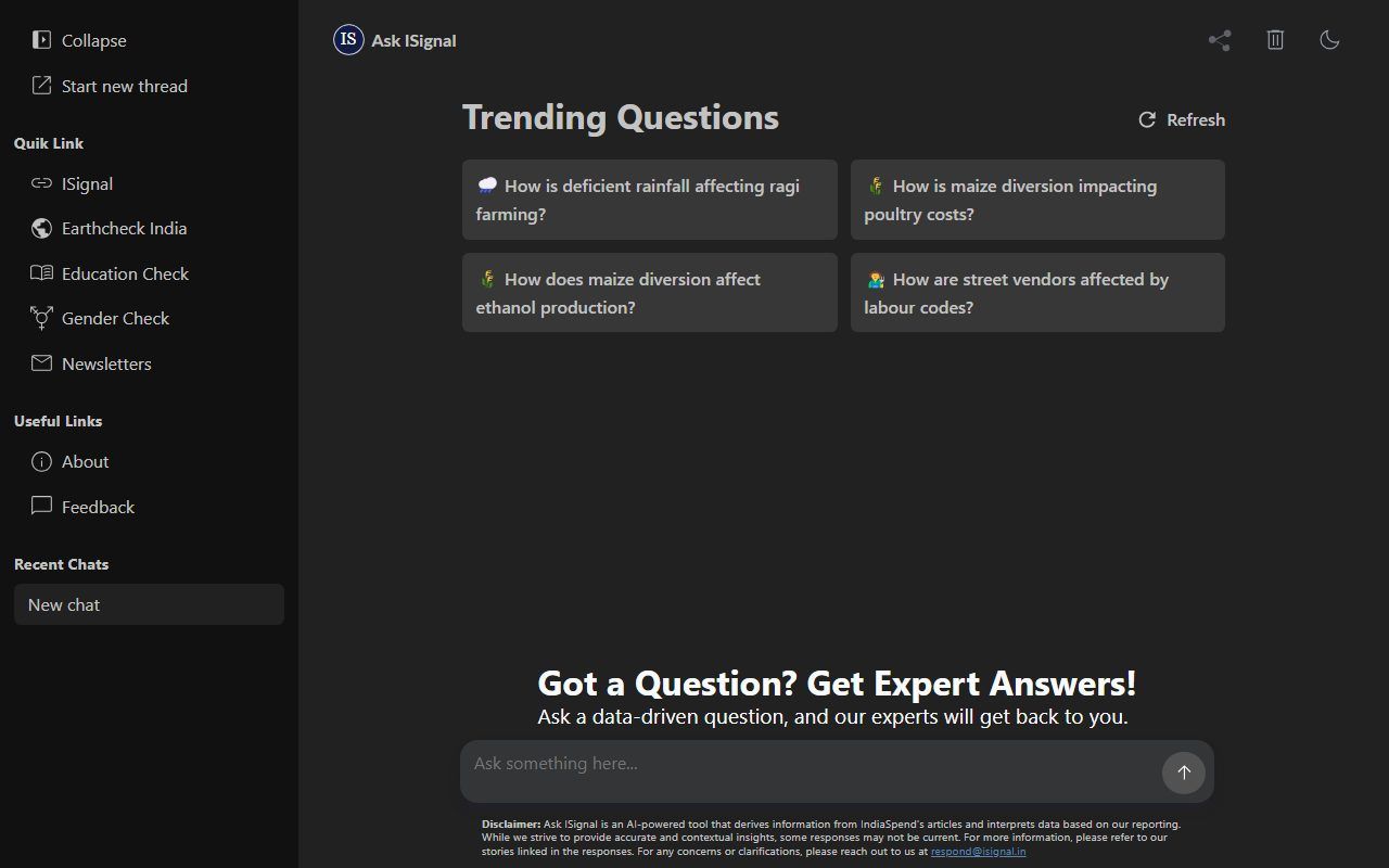Ask IndiaSpend – Interactive Q&A Knowledge Platform – Home (desktop)