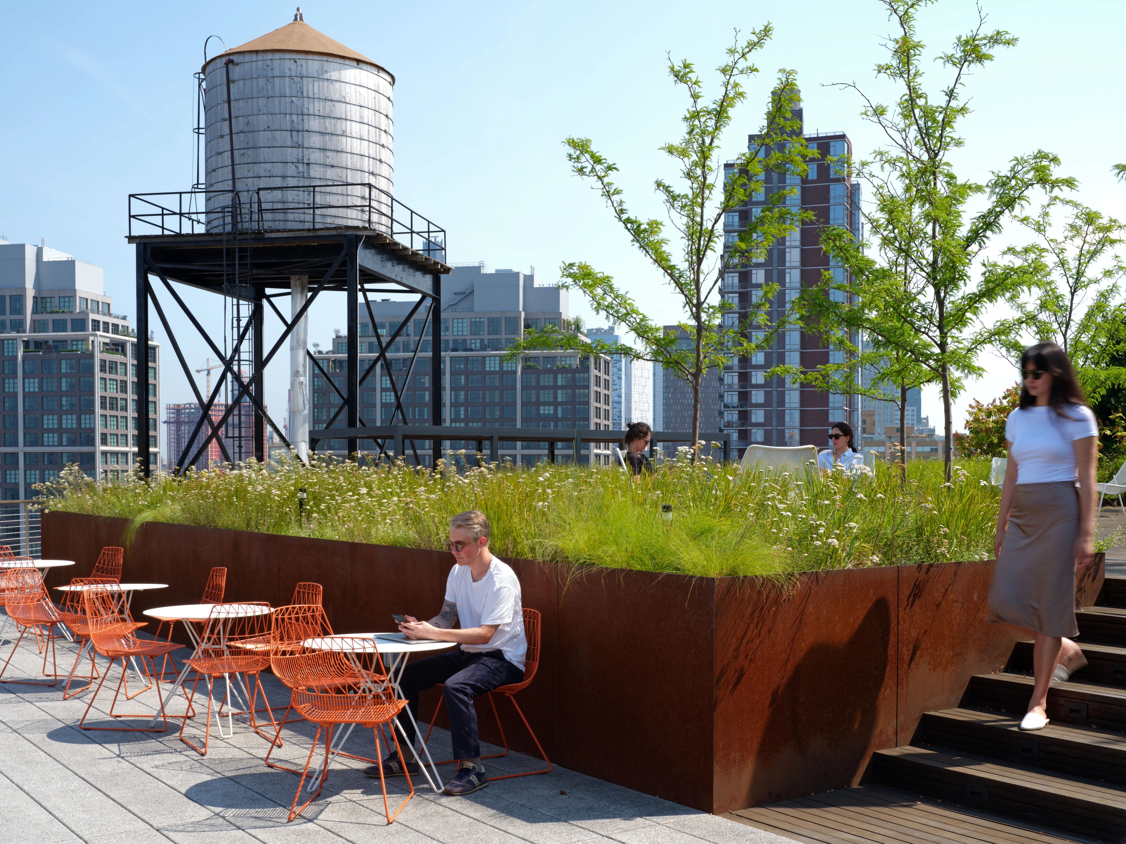 Sunny rooftop with tables