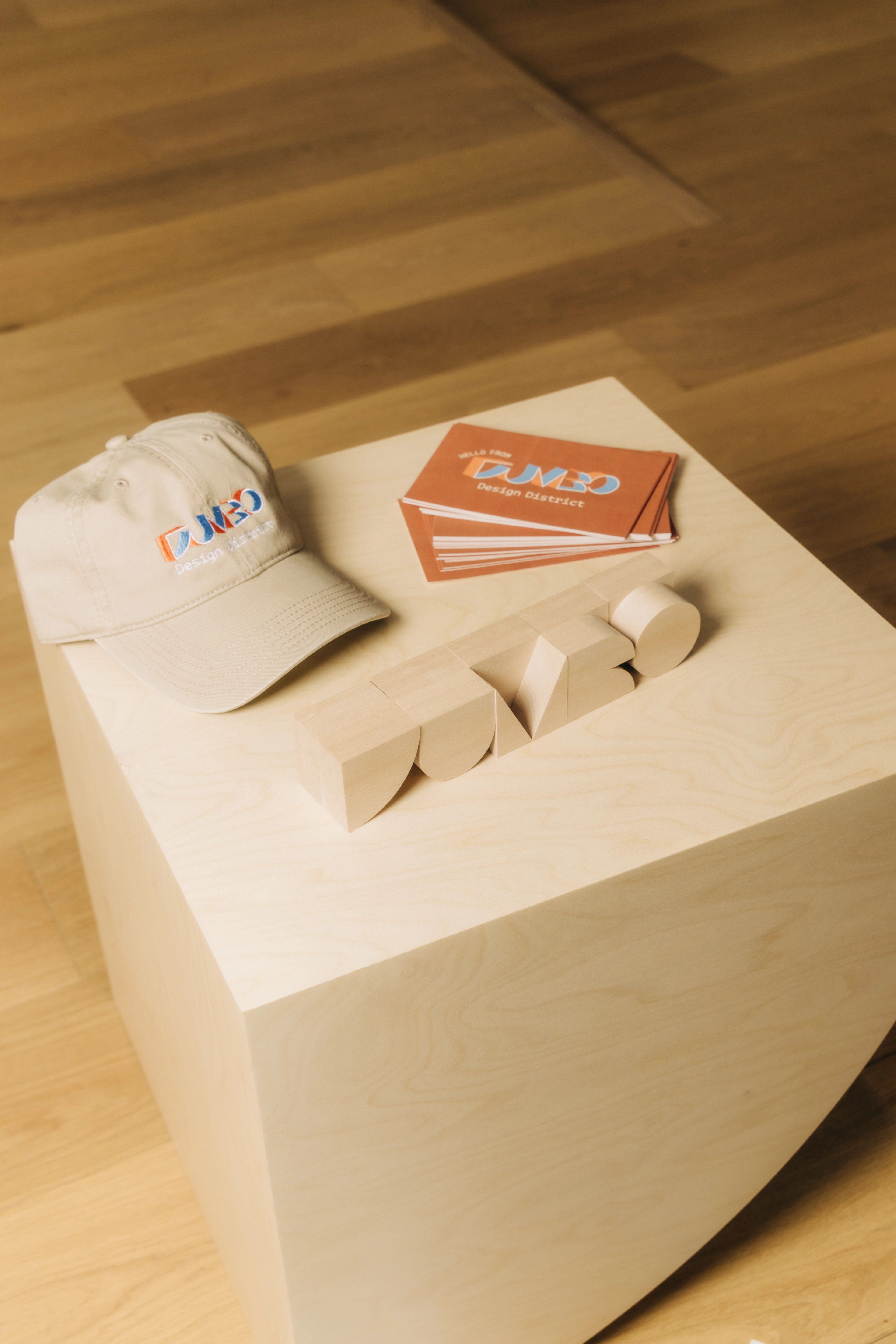 Dumbo hat, block set, and postcard on table