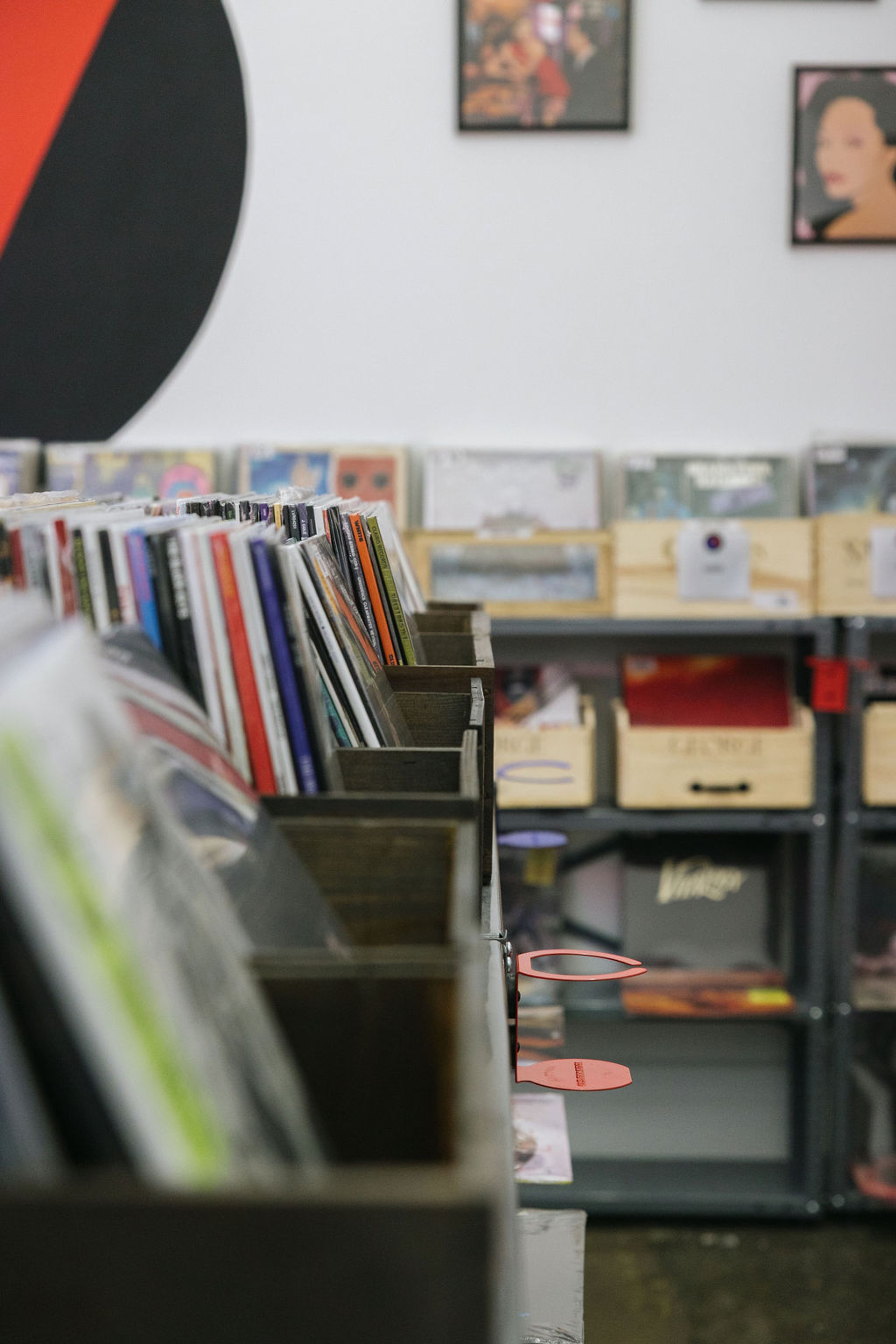 Vinyl records displayed on racks in record store
