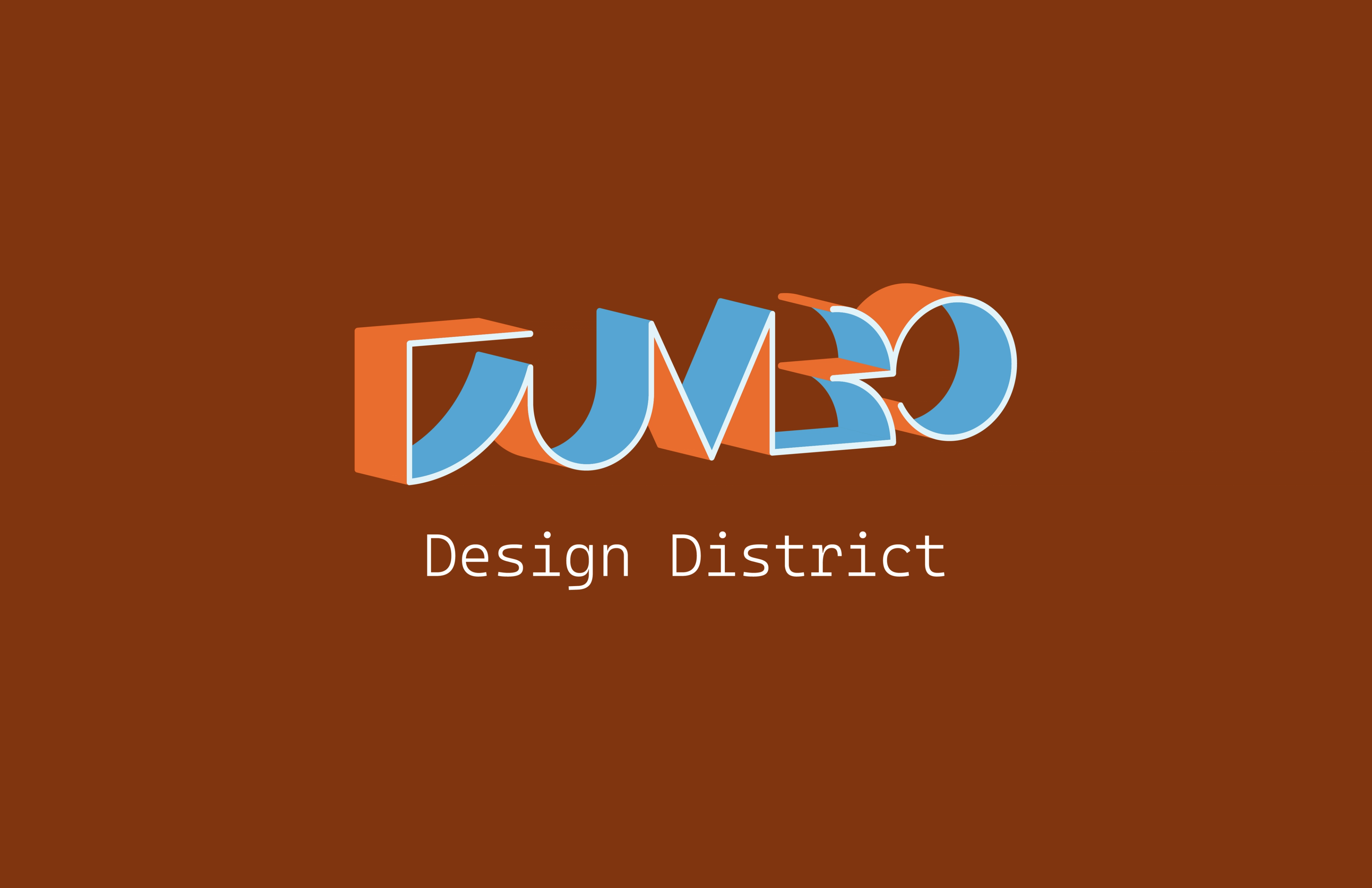 Dumbo Design District words over red brick background
