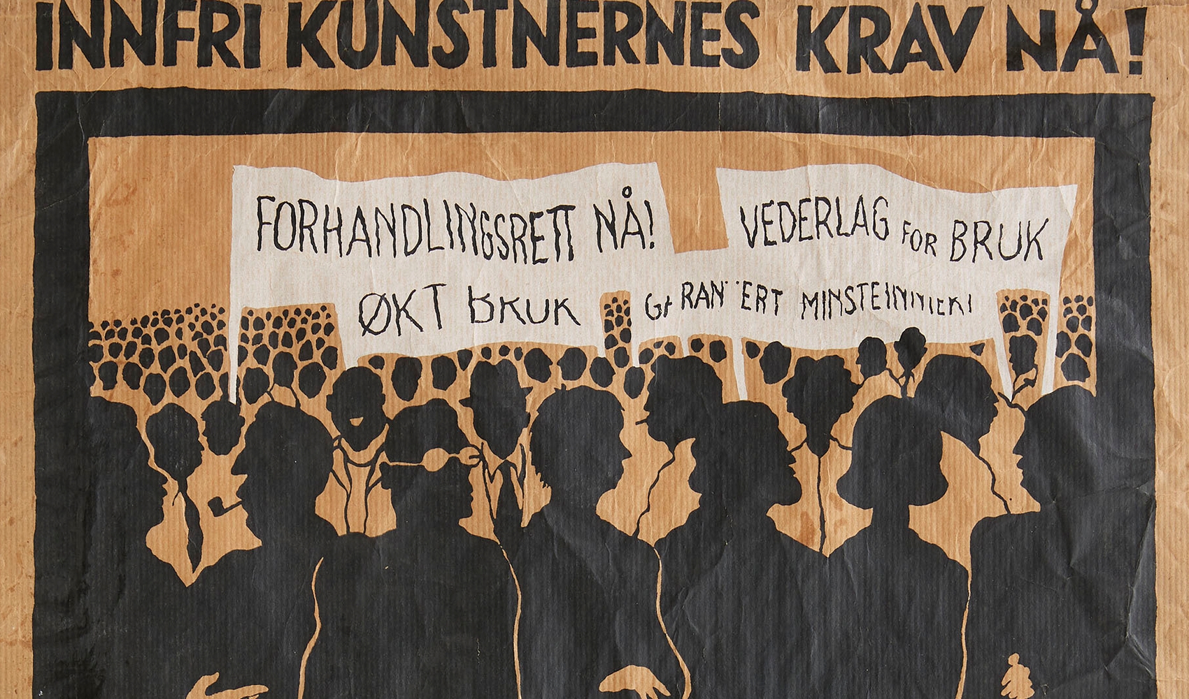 Plakat fra Kunstneraksjonen (utsnitt), fra en demonstrasjon i 1976. Trolig utført av Egil Storeide.