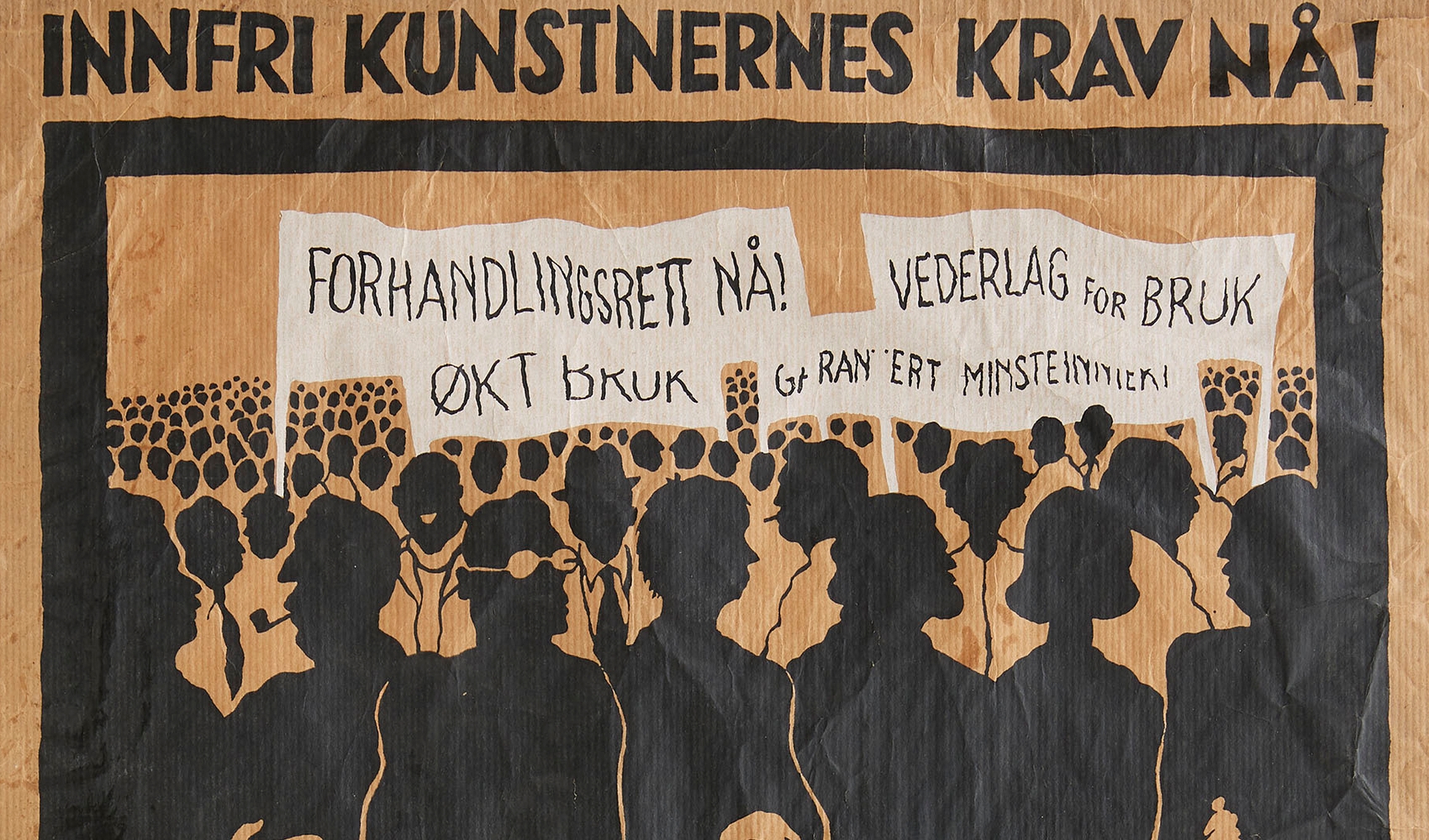 Plakat fra Kunstneraksjonen (utsnitt), fra en demonstrasjon i 1976. Trolig utført av Egil Storeide.