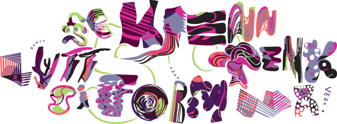 En illustrasjon med mange farger og former, og ordene: SE KJENN LYTT TENK SI FORM NÅ. KUNST HÅND VERK. 50