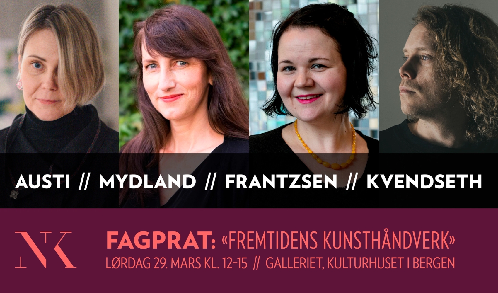 En annonse for et arrangement. Portrett av fire mennesker.