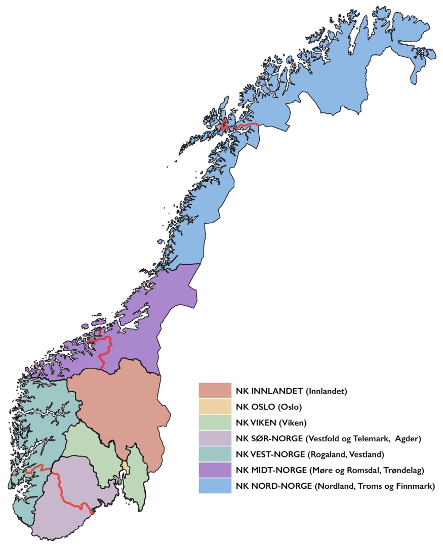 Norge delt opp grafisk i NKs regioner.