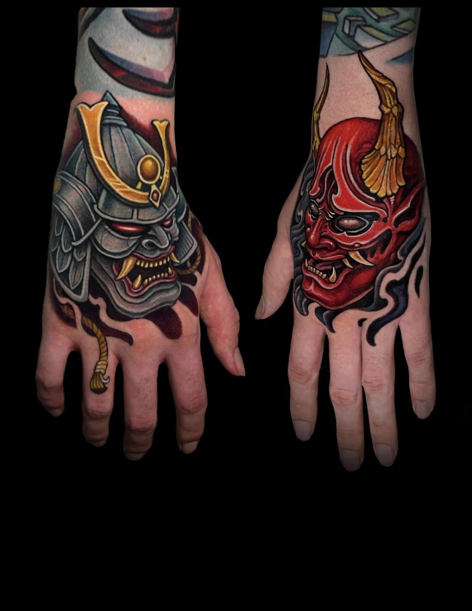 Color Oni & Hannya Mask hand piece tattoos