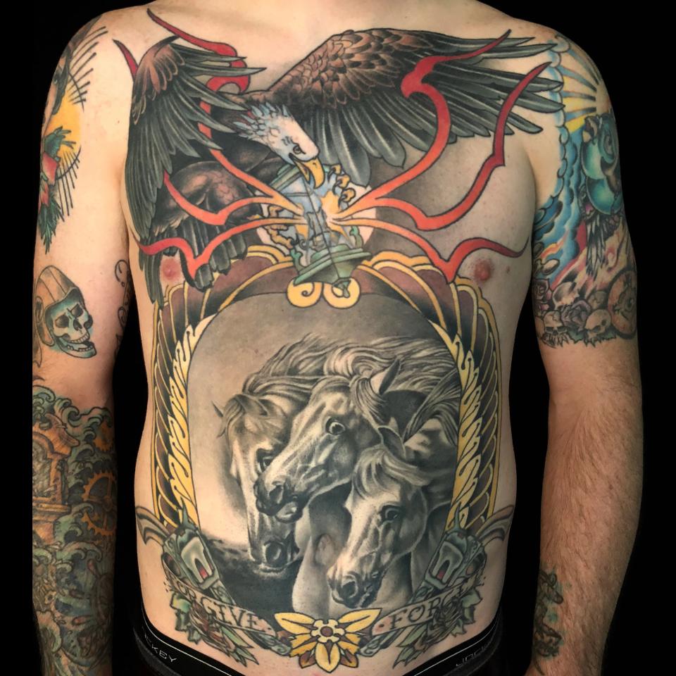 Eagle and horses front piece tattoo