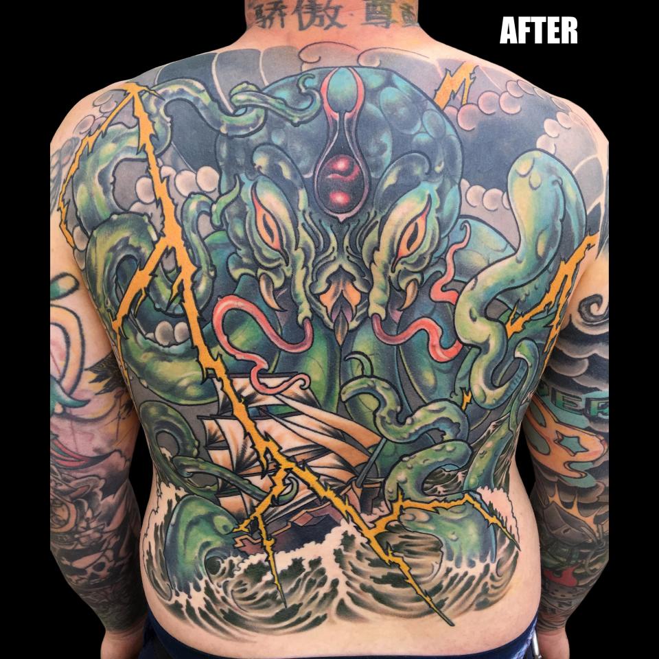 Cthulu back piece tattoo