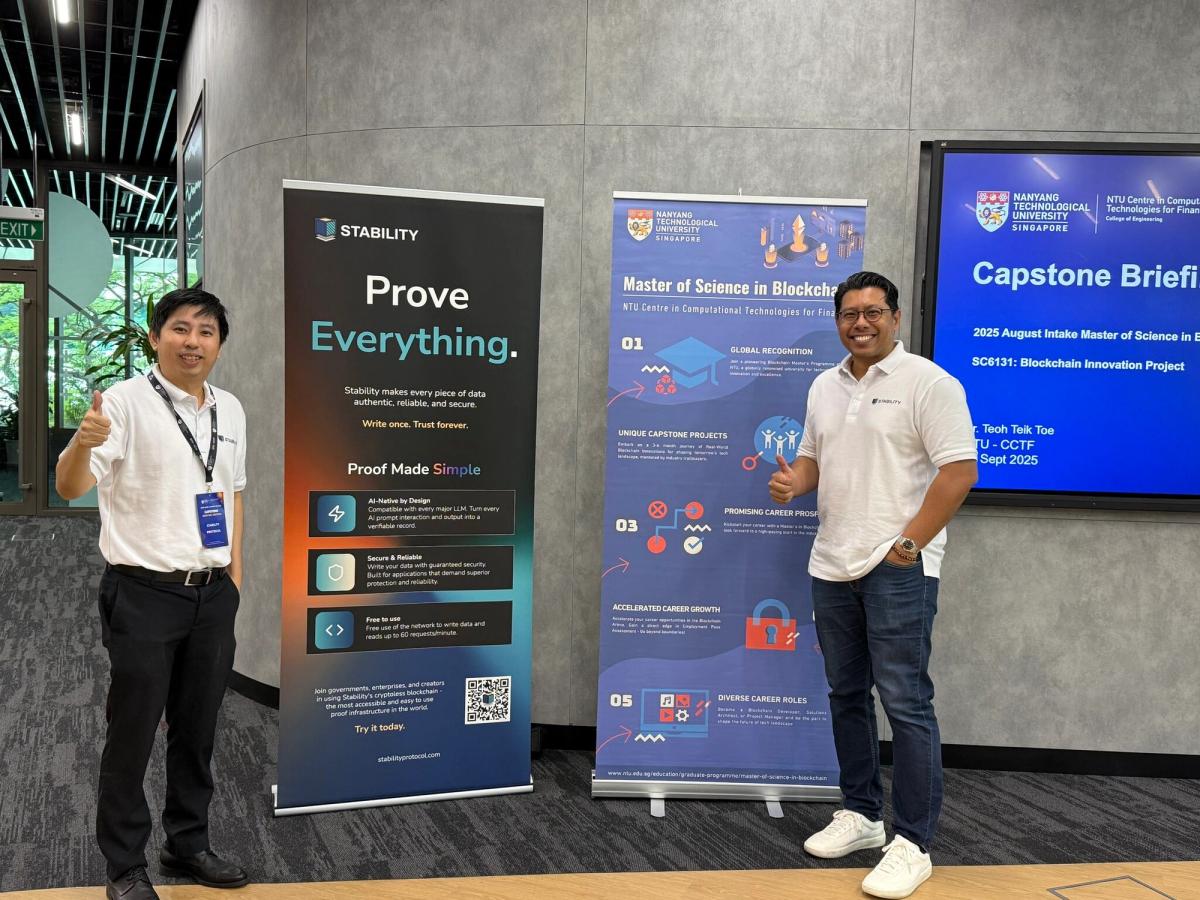 Kerk Wei Yang (Head of Research, Stability) and Dharma Sadasivan (Chief Strategy Officer and General Counsel, Stability) at Nanyang Technological University