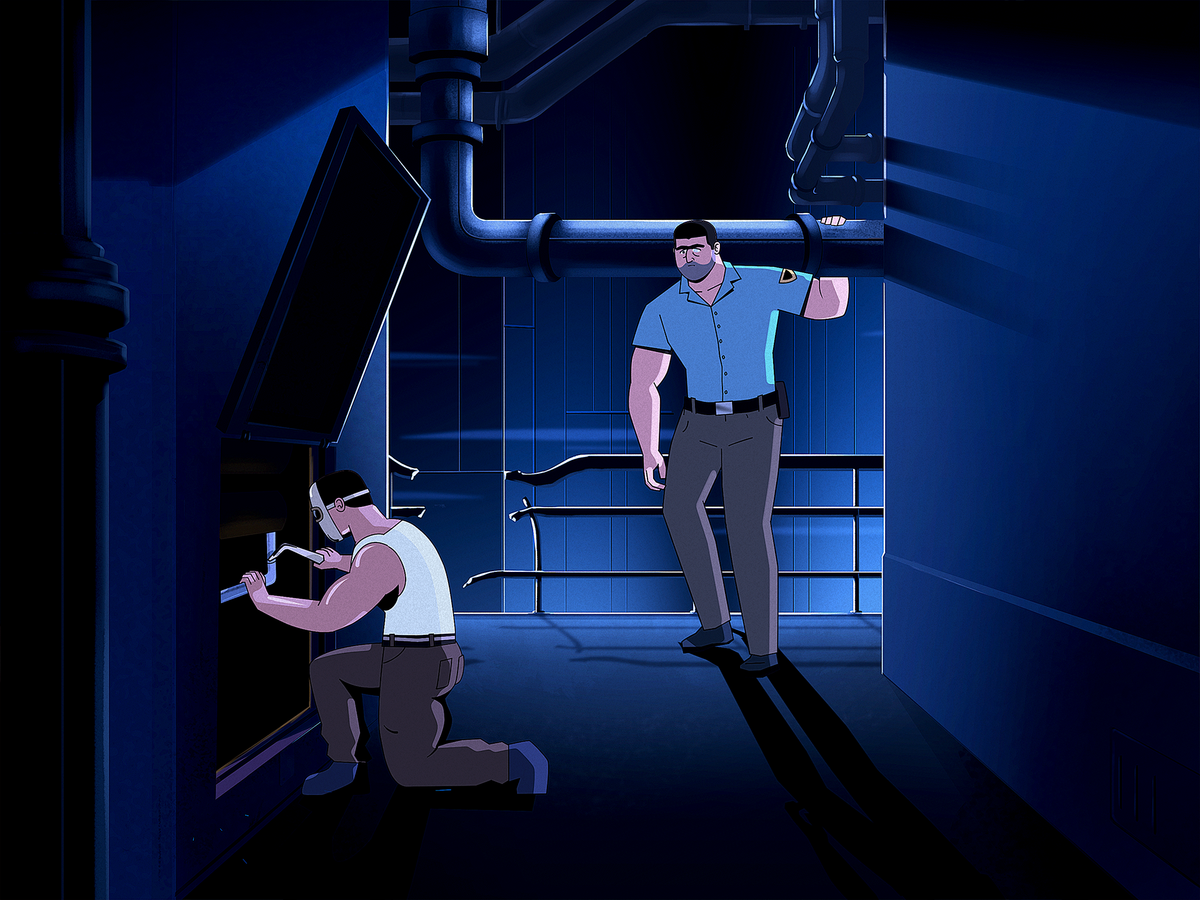 Escena animada de dos personajes en pasillo industrial oscuro - obra de Guido D.