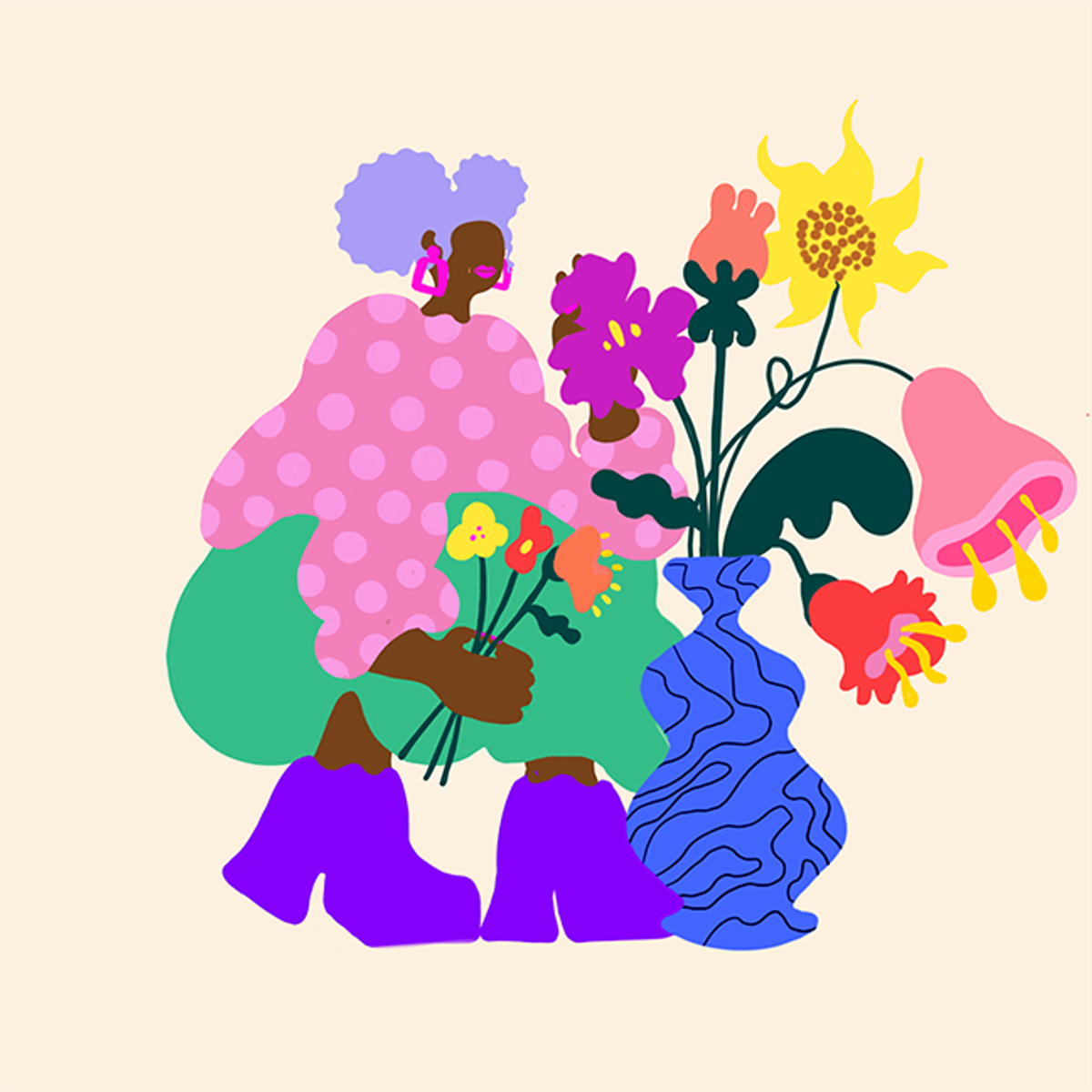 Ilustración de mujer con flores y florero azul ondulado - obra de Iris M.