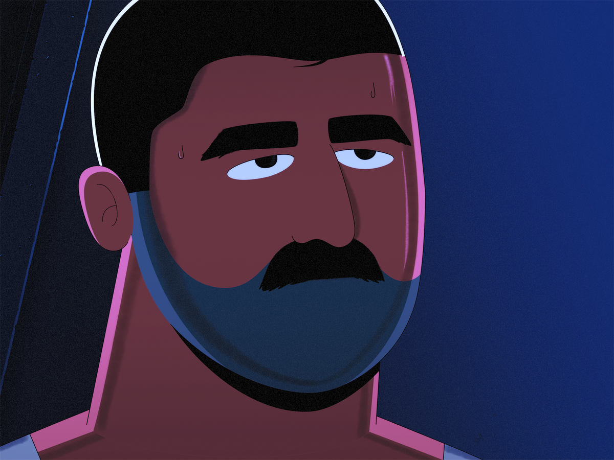 Primer plano de personaje animado con barba en tonos azules y rosados - obra de Guido D.