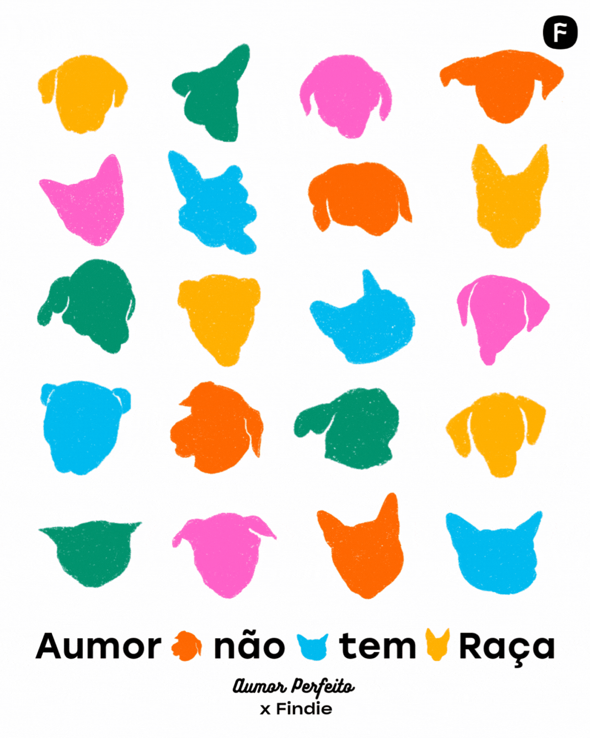 Mosaico de siluetas coloridas de perros y gatos buscando hogar - campaña Aumor não tem raça x Findie