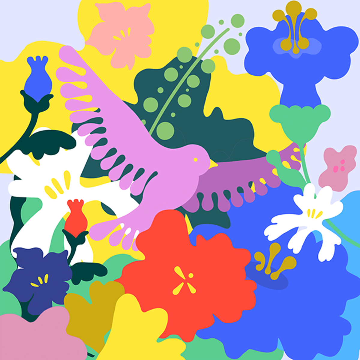 Ilustración de colibrí entre flores vibrantes - obra de Iris M.